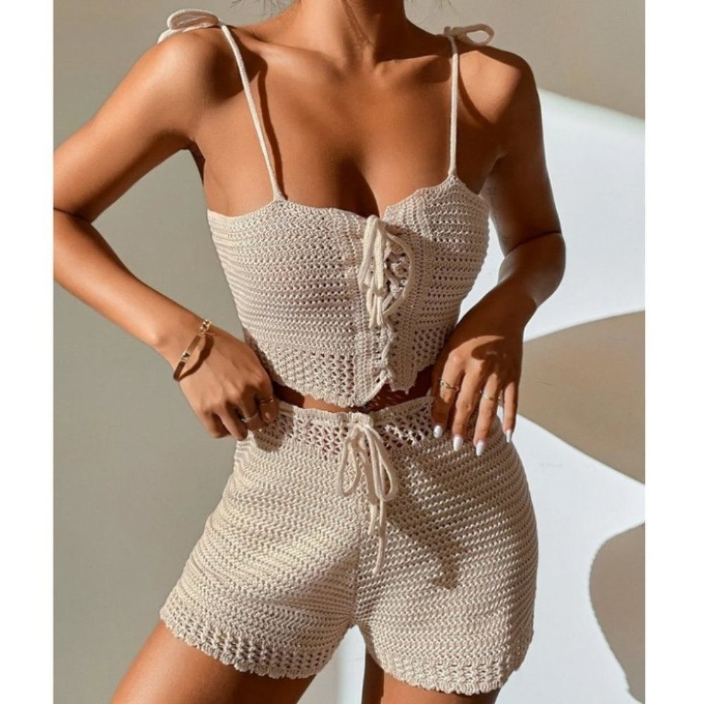 2 piece set Lace Up detailed Cami Knit Crochet Top & Drawstring Waist Sh… - Picture 2 of 8